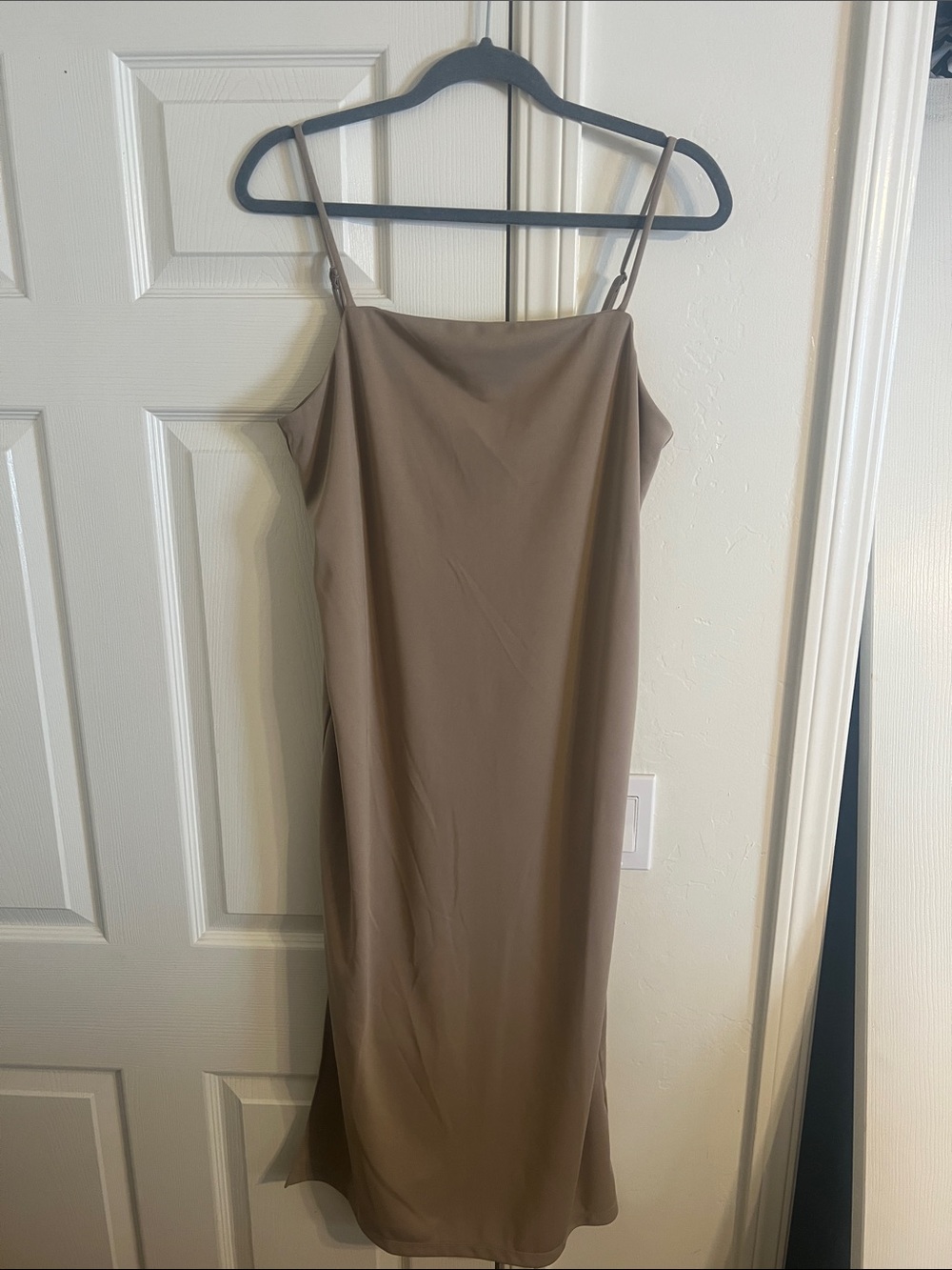 H&M satin cowl neck midi slip dress taupe M